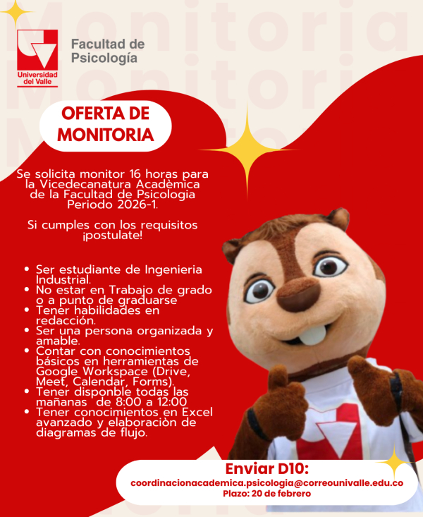 &iexcl;Oferta de Monitor&iacute;a! &Uacute;nete al equipo de la Vicedecanatura Acad&eacute;mica de Psicolog&iacute;a