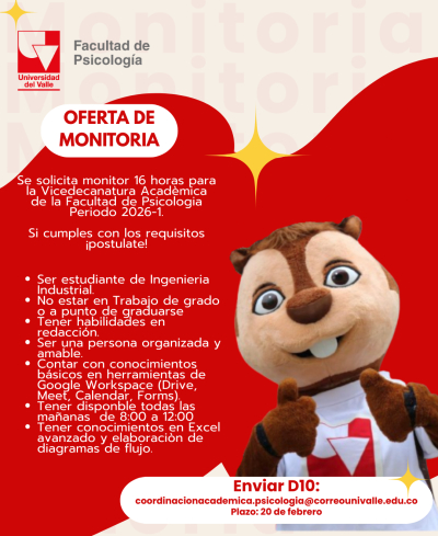 &iexcl;Oferta de Monitor&iacute;a! &Uacute;nete al equipo de la Vicedecanatura Acad&eacute;mica de Psicolog&iacute;a